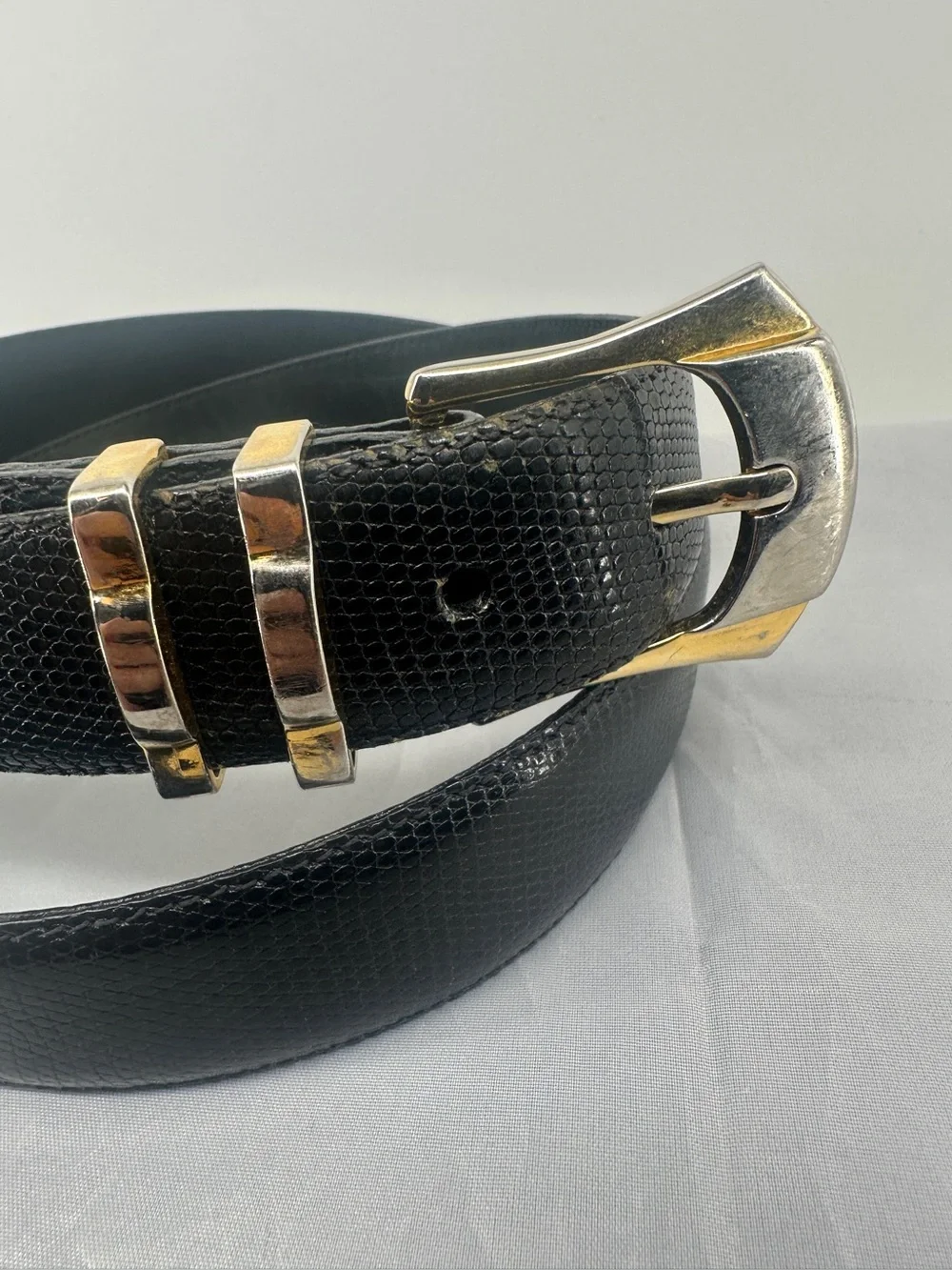 Neiman Marcus genuine lizard black leather western belt